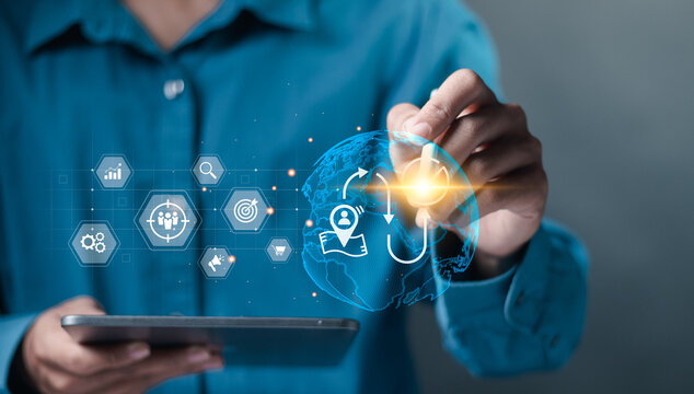 Customer journey concept. journey evaluation, Boost satisfaction, encourage repeat business and drive revenue growth. Person touching globe with customer journey icon on virtual screen.