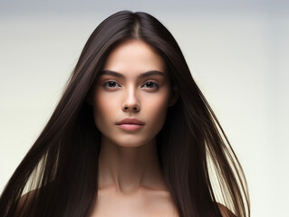 International Women's Day. Long healthy black hair. Skin natural beauty,  smooth skin for Care and hair products. Model girl, smiling woman.
