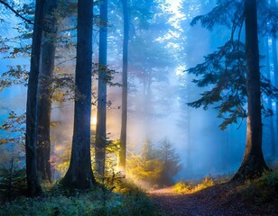 Mystical Forest with beaming light through the trees	
