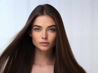 International Women's Day. Long healthy black hair. Skin natural beauty, smooth skin for Care and hair products. Model girl, smiling woman.