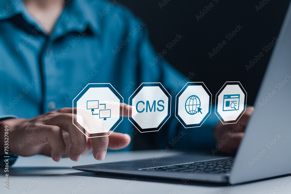 Aufkleber cms, content management system concept, person using laptop with virtual screen for content manageme
