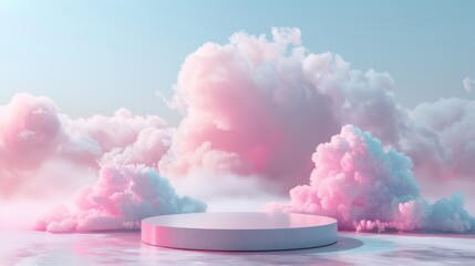 Podium background rendered in 3D, featuring delicate pastel clouds, minimalist abstract elements, and a dreamy studio pedestal, providing a serene ambiance for beauty environments.