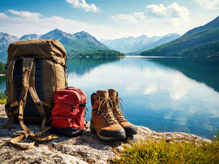 Backpack and hiking boots at the shore of beautiful scenic mountain lake