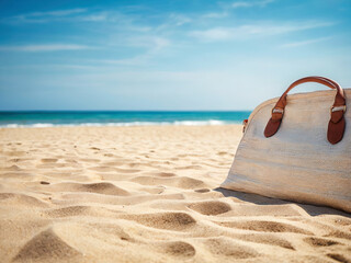Beach bag in sand in tropical tourist resort by the ocean