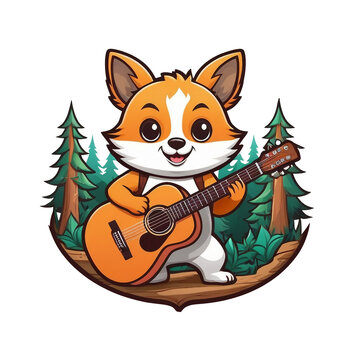 a cartoon fox playing a guitar in the woods, vector art, furry art, painting on a badge, mascot illustration, corgi, high detail illustration