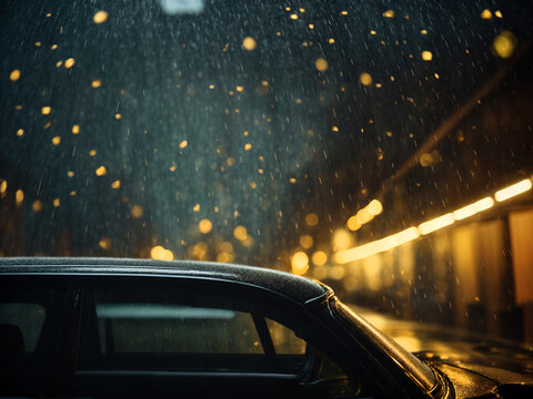 Fototapeta Vintage car in shower rain at night
