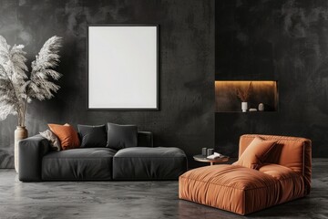 Elegant minimalist lounge interior with a comfortable modern sofa, textured dark wall, and framed blank canvas.