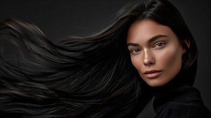 Fototapeta premium Brunette with long flowing hair on dark background beauty, hair care, product ad concept