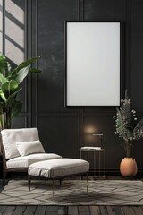 Elegant minimalist lounge interior with a comfortable modern sofa, textured dark wall, and framed blank canvas.