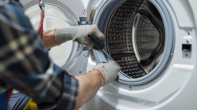 Technician repairing the internals of a washing machine.