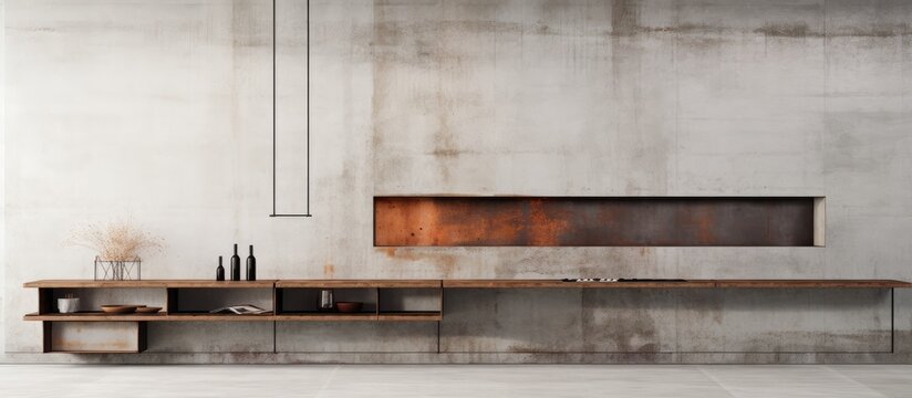 Minimalist architectural interior design with concrete and rusted metal elements on white background