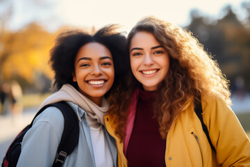 Obraz premium Two female college student friends on campus