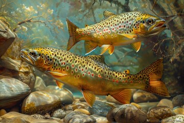 Close-up of two trout in the clear fresh water of a mountain lake.