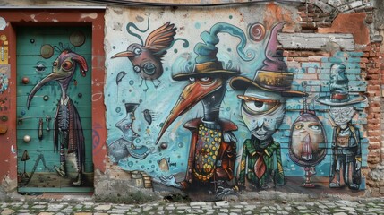 A whimsical and quirky street art piece featuring odd characters and surreal scenarios.