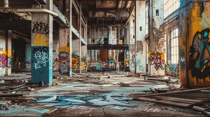 Fototapeta na wymiar Abandoned industrial complex with graffiti walls background
