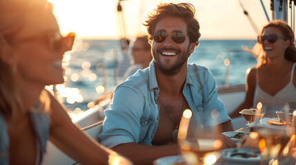 A group of friends on a boat, with sparkling water in the background, during a sailing adventure