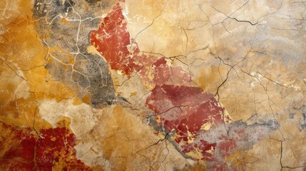 Abstract wallpaper showcasing a stone wall and marble floor design in red, gold, and beige tones, tailored for lavish Italian interiors, bathrooms, and kitchens.
