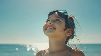 Happy Latin Girl with Swimming Goggles on Beach, To convey a sense of joy, fun, and relaxation associated with summertime and beach vacations,
