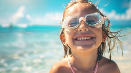 Fototapeta na wymiar Little Girl Smiling on the Beach with Swimming Goggles, To convey a sense of joy, happiness, and playfulness often associated with beach vacations
