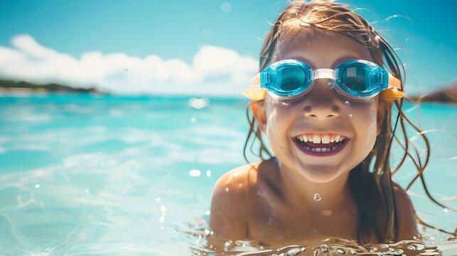 Girl in Swimming Goggles Smiling at Beach, To convey the carefree spirit of summer and the joy of childhood through a vibrant and detailed image of a