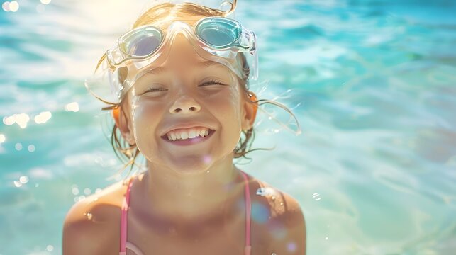 Happy Girl in Swimming Goggles Smiling at Camera, To capture the joy and happiness of childhood during summer vacation, perfect for advertisements,
