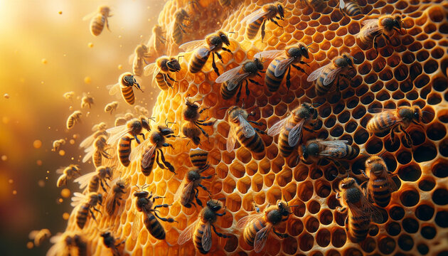 Create an ultra-realistic close-up image in a widescreen aspect ratio, focusing on bees actively building a nest