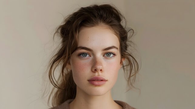 Young Woman with Faint Smile and Natural Makeup, To convey a sense of calmness, positivity, and natural beauty for beauty and fashion industries