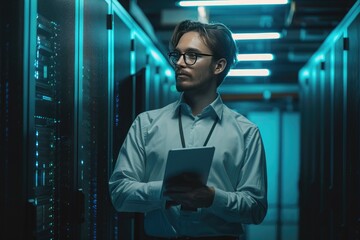 Fototapeta premium Focused network engineer with tablet troubleshooting in a modern data center server room.