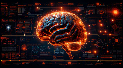 human brain synaptic activity with surrounding analytical data and digital infographics. Brain Activity Visualization with Analytical Data
