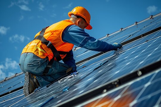 Professional engineer fitting solar panels: Maximizing roof space for renewable power