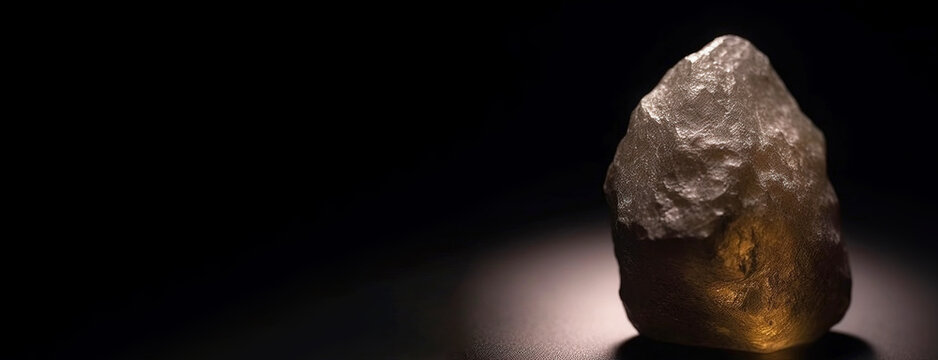 Bytownite is a rare precious natural stone on a black background. AI generated. Header banner mockup with space.
