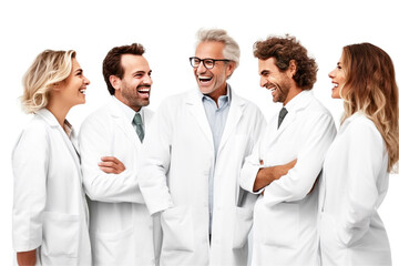 Group of people doctors professionals in white coats with stethoscopes, white background isolate.