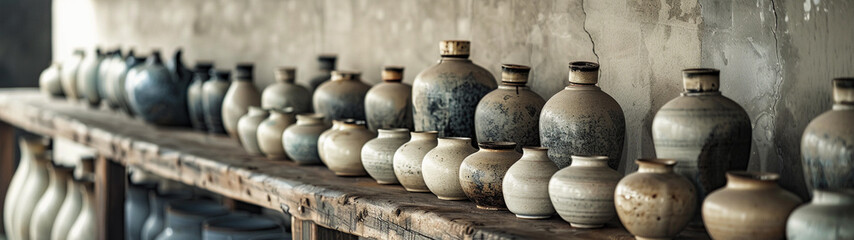 Fototapeta na wymiar Aged Elegance Row of Stoneware Vessels