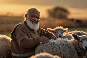 Fotobehang Old shepherd with his flock of sheep. © Haleemullah