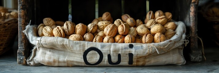 Un régime sain à base de noix. Le mot OUI à partir de noix. Inscription pour la nutrition des noix. Un signe de beauté et de santé. Des noix en forme de OUI. Dites OUI aux fruits à coque!