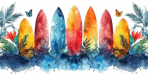 A picturesque beach with rows of colorful surfboards lined up against a white background.