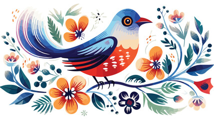 Fototapeta na wymiar Slavic folk art bird and flowers. Watercolor fairy m