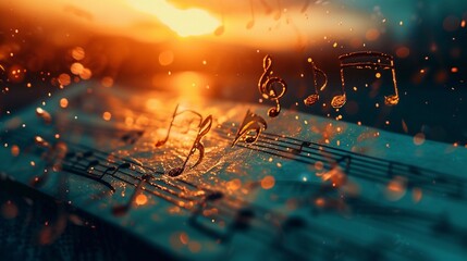 Music notes on a blue book with sunset light background. Music concept - obrazy, fototapety, plakaty