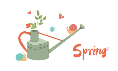 Vector illustration with a beautiful bouquet in the watering can and cute little elements. Spring card with hand written text .Vector illustration isolate on white.