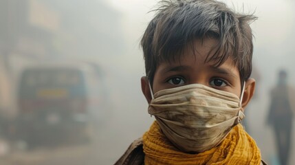 A child wearing a mask, standing before a backdrop of dense smog the innocence amidst air pollution - obrazy, fototapety, plakaty