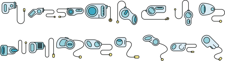 Retractable dog leash icons set outline vector. Animal leather. Carabiner accessory color line isolated - obrazy, fototapety, plakaty