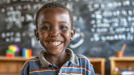 Happy boy in classroom with blackboard background