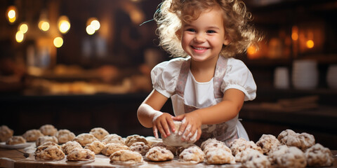 In a cozy kitchen, a cute Caucasian girl enjoys the childish delight of baking cookies.