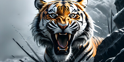 Close-up of the head of an aggressive tiger ready to attack. Wild animal in monochrome style. Scalp of a snarling animal. Illustration for cover, card, interior design, poster, brochure, presentation