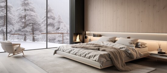 Scandinavian minimalist bedroom with panoramic window fur carpet and herringbone parquet contemporary interior design concept