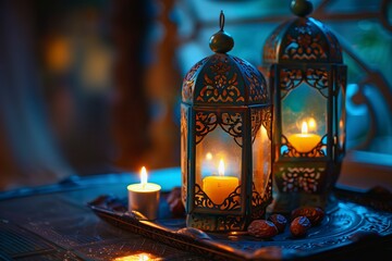 A beautifully detailed setting with ornate lanterns, a tealight and scattered dates on a decorative plate, evoking a sense of tradition - obrazy, fototapety, plakaty