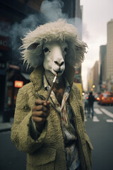 Surrealistic urban scene with anthropomorphic sheep in stylish attire, city backdrop
