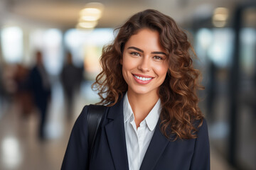 Naklejka premium Smiling businesswoman at work. Woman in a suit at work. Women boss.