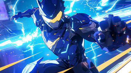 anime mechanical technology blue ranger from heroic pose - obrazy, fototapety, plakaty
