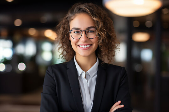 Smiling businesswoman at work. Woman in a suit at work. Women boss.